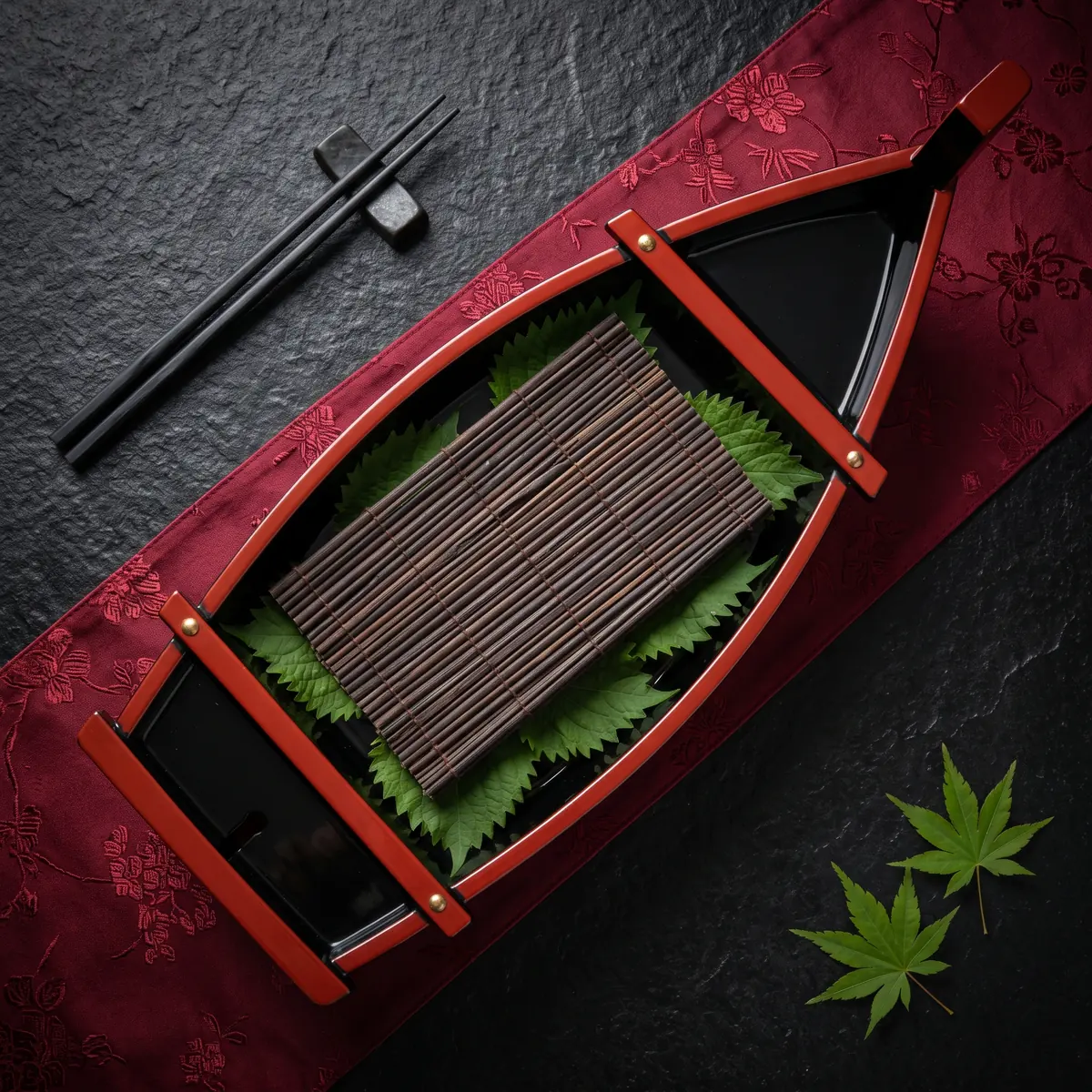 Barca de sushi de laca preta, vazia, forrada com folhas de shiso