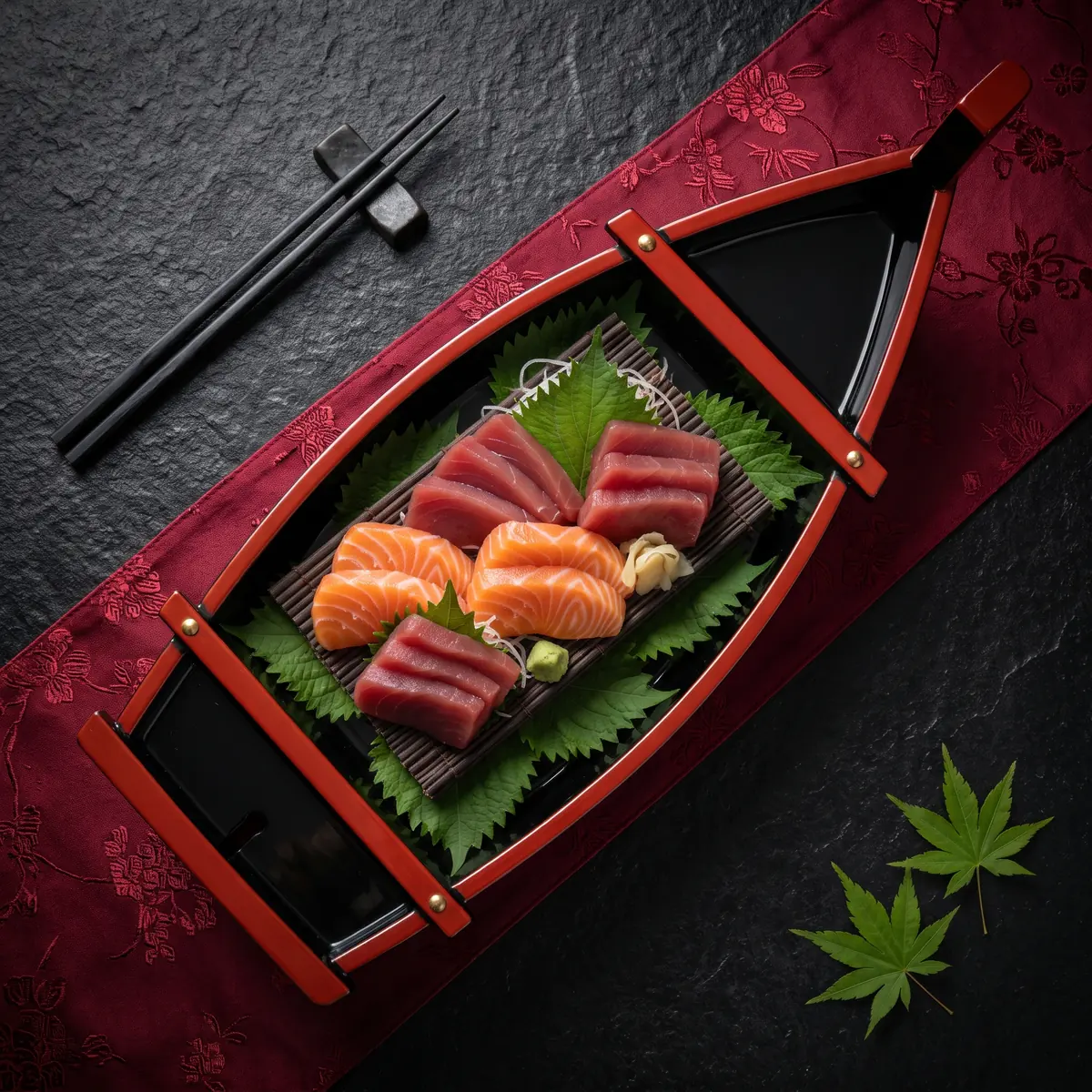 Barca com sashimis de atum e salmão