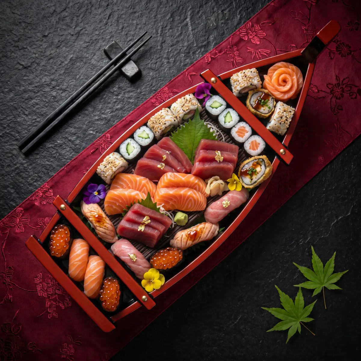 Barca lotada com mais de 60 peças: sashimis, niguiris com ouro, uramakis, hot rolls e rosa de salmão