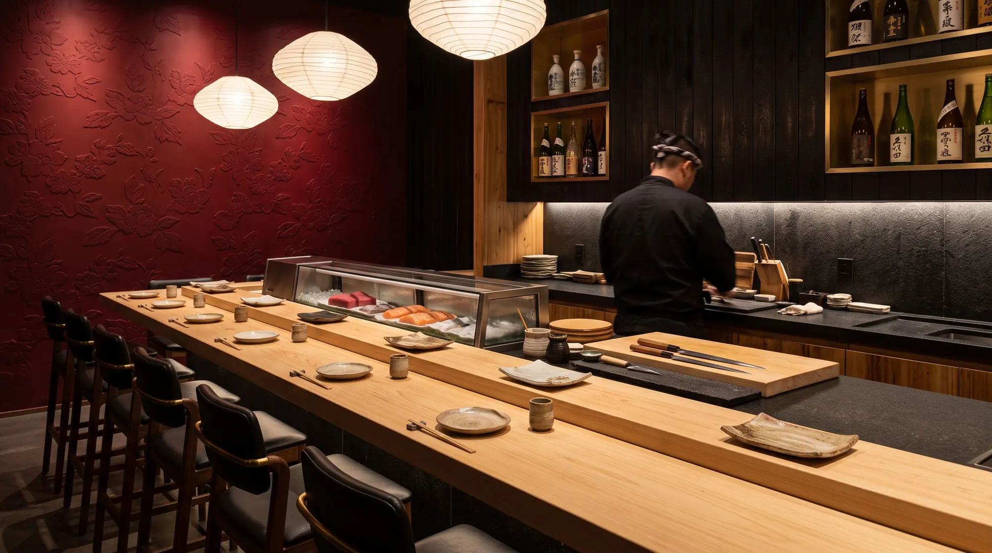 Balcão de sushi em madeira hinoki com banquetas de couro e sushiman preparando peixe