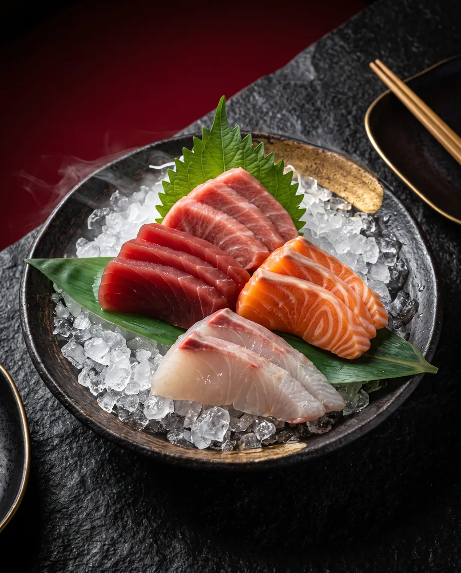 Sashimis de atum bluefin, salmão e peixe branco sobre gelo