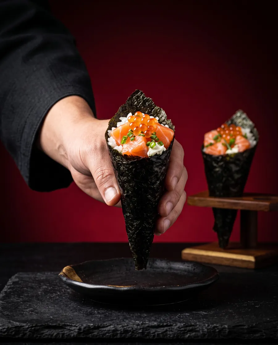 Mão do sushiman segurando um temaki de salmão com ikura