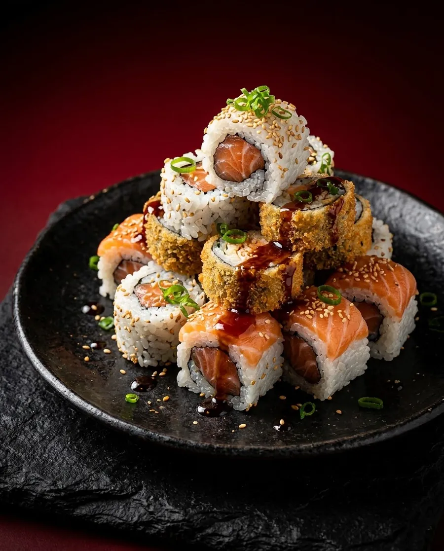 Uramakis e hot rolls empilhados com molho tarê
